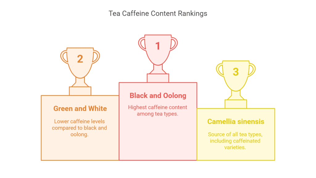 Caffeine content in different types of tea, Green tea, White Tea, Black Tea, Oolong Tea, and Camellia sinensis tea