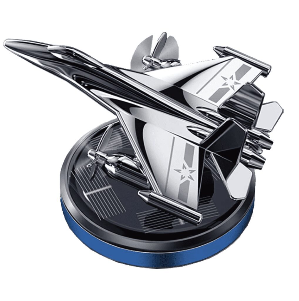 a silver and blue airplane car perfume