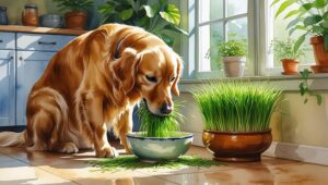 Dog eating wheatgrass as a safe and healthy nutritional supplement