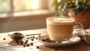image of a coffee cup with Protein Coffee Creamer with arabica coffee beans spread around