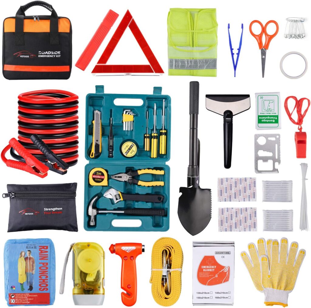 roadside emergency kit for car — warning triangle and tools