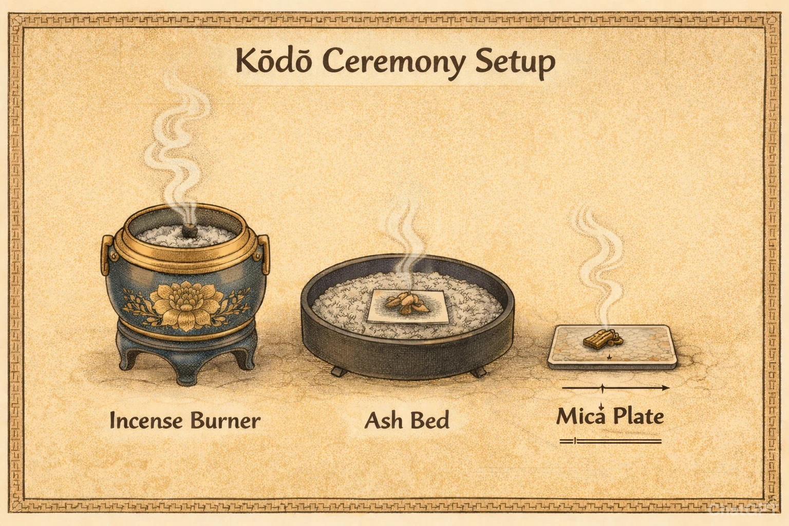 A minimal illustration of a Kōdō ceremony setup — incense burner, ash, mica plate - alongside brief text identifying each element.