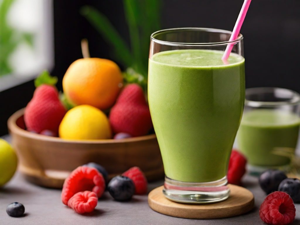 Image of glass filled with fresh wheatgrass juice and fresh fruits around