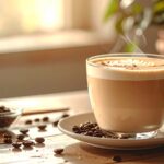 image of a coffee cup with Protein Coffee Creamer with arabica coffee beans spread around
